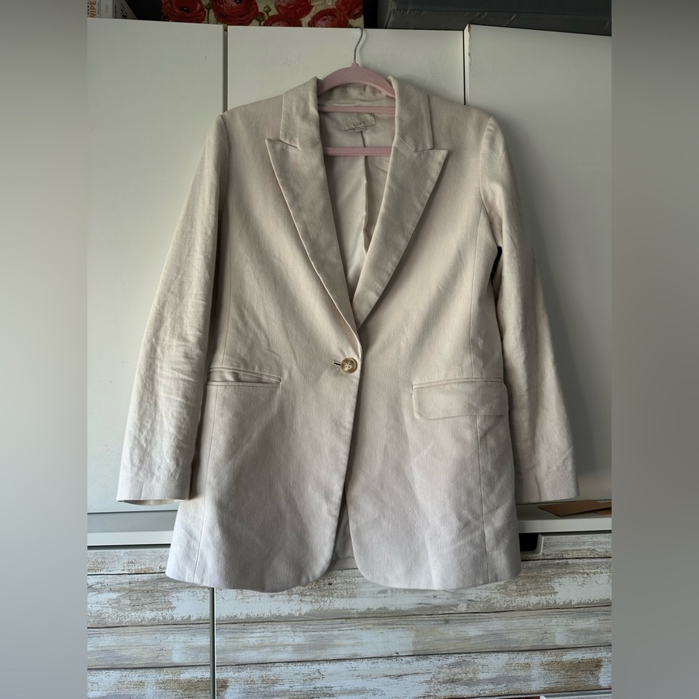 🤍 LOFT Cream Linen Blend Long Blazer Jacket Size 0 Tailored Classic